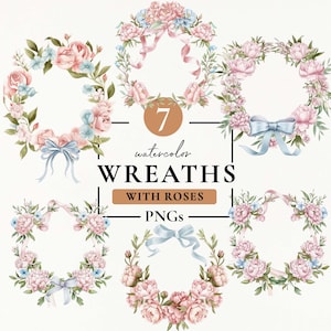 Watercolor Floral Wreath, Roses Wreath Clipart, Dusty Rose Wedding Clipart, Blush Pink Meadow Wreath PNG, Wildflowers Wreaths PNG, Botanical