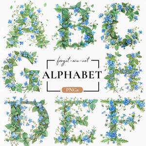 Alphabet floral PNG, Clipart Forget Me Not, Floral lettre Png, aquarelle de fleurs, décoration florale pour chambre d'enfant, Alphabet imprimable, clipart printemps