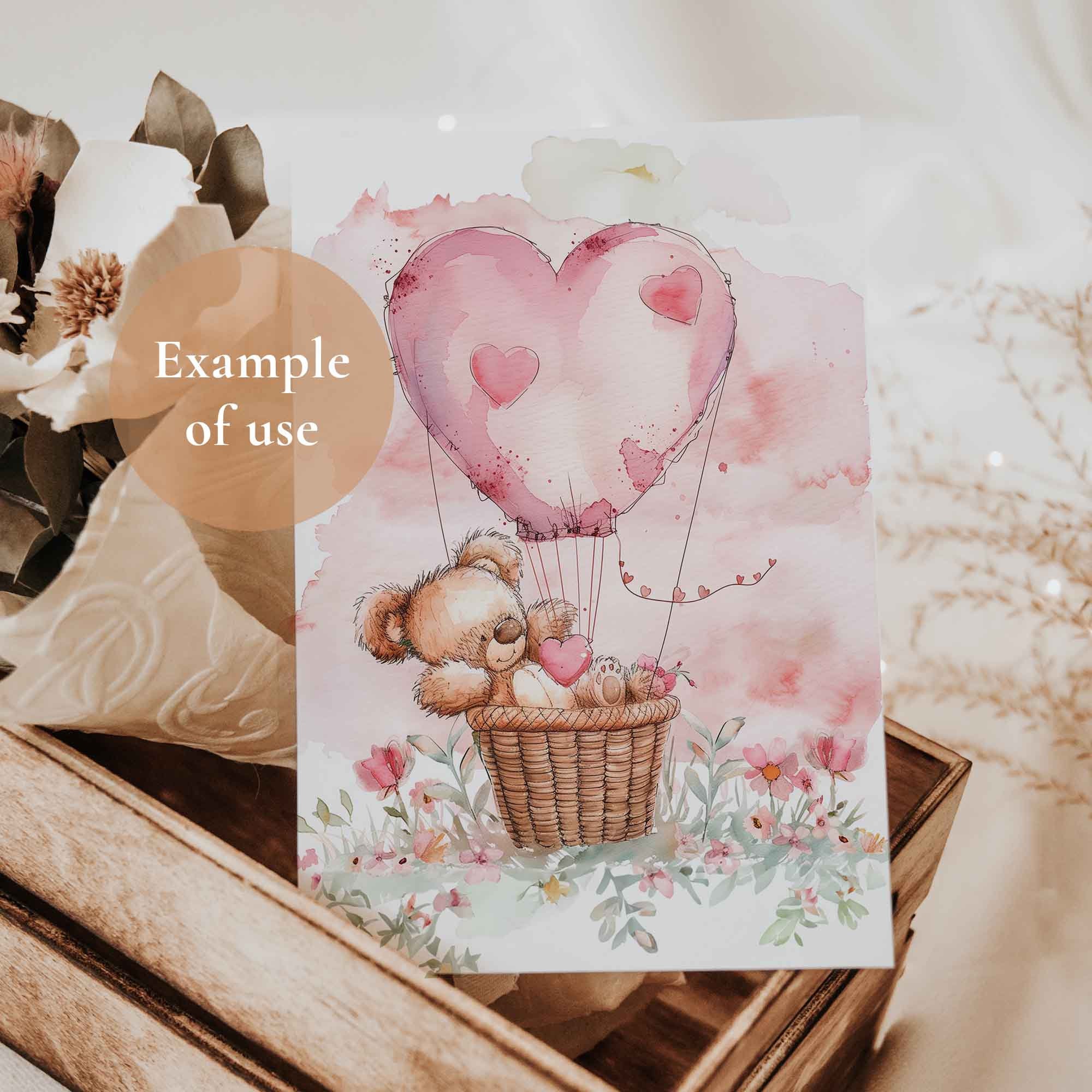 Pink Teddy Bear Clipart, Watercolor Teddy Bear in Hot Air Balloon, Cute ...
