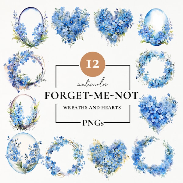 Forget-Me-Not Wreath Hearts Hight Quality PNG Elements for Invitations, Scrapbook or Journal, Floral Watercolor Clipart