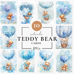 Teddybär im Heißluftballon, blauer Teddybär Clipart, niedliches Aquarell Teddybär Clip Art, Aquarell Teddybär Heißluftballon