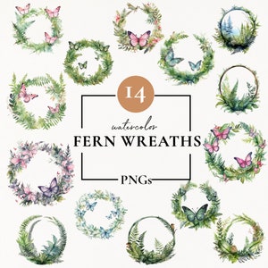 Couronne de fleurs aquarelle, fougère Clipart, couronne de fougères PNG haute qualité, clipart verdure, clipart papillon, téléchargement numérique, fougère peinte