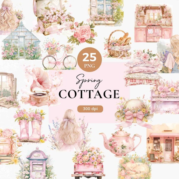 Cottagecore Clipart, Watercolor Spring Clipart, Countryside Png, Farm Clipart, Floral Garden Clipart for Scrapbooking, Farmhouse Kitchen PNG