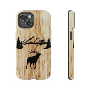 Wood iPhone 15, 14, 13, 12, Pro, Max, Plus Case Woodgrain Elk Design Samsung Galaxy Wood Case Google Pixel Elk Woodgrain iPhone Case For Him