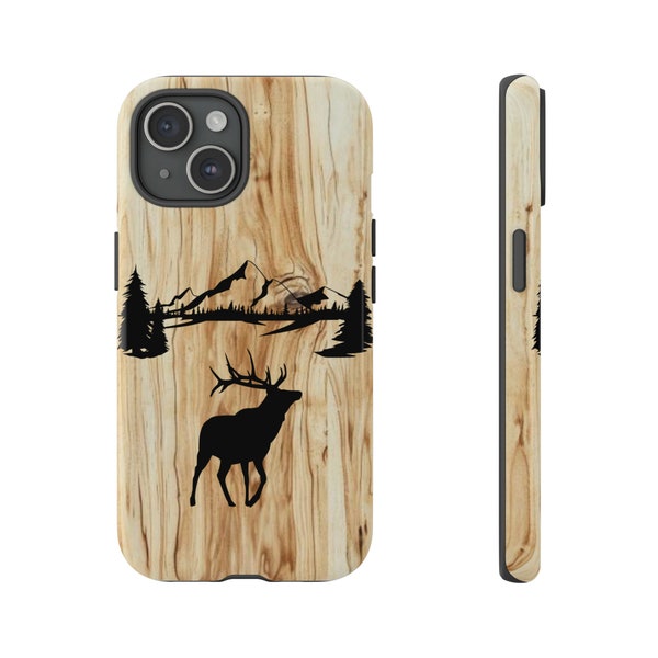 Wood iPhone 15, 14, 13, 12, Pro, Max, Plus Case Woodgrain Elk Design Samsung Galaxy Wood Case Google Pixel Elk Woodgrain iPhone Case For Him