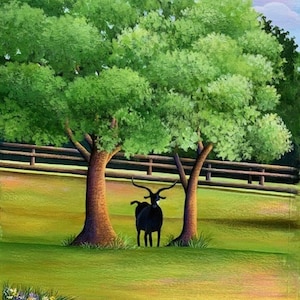 Acrylic Landscape Painting with Black Goat.  Contemporary Art, Fine Art, Wall Art, Home Decor, Texas Landscape, Animal Painting, Tree Scene