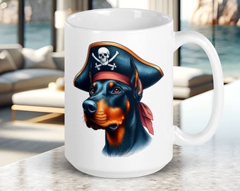 Doberman Mug, Doberman Wearing a Pirate Hat, Fun Gift for Dog Lover, Cute Dog Face on Ceramic Coffee Cup, 15 oz