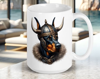 Doberman Mug, Doberman Wearing a Viking Helmet, Fun Gift for Dog Lover, Cute Dog Face on Ceramic Coffee Cup, 15 oz