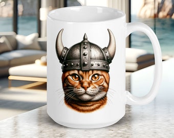 Orange Cat Mug, Orange Cat Wearing a Viking Helmet, Fun Gift for Cat Lover, Cute Cat Face on Ceramic Coffee Cup, 15 oz