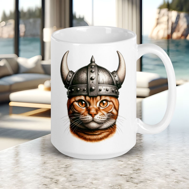 Orange Cat Mug, Orange Cat Wearing a Viking Helmet, Fun Gift for Cat Lover, Cute Cat Face on Ceramic Coffee Cup, 15 oz image 1