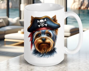 Yorkie Mug, Yorkie Wearing a Pirate Hat, Fun Gift for Dog Lover, Cute Dog Face on Ceramic Coffee Cup, 15 oz