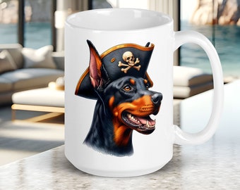 Doberman Mug, Doberman Wearing a Pirate Hat, Fun Gift for Dog Lover, Cute Dog Face on Ceramic Coffee Cup, 15 oz