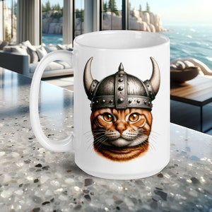 Orange Cat Mug, Orange Cat Wearing a Viking Helmet, Fun Gift for Cat Lover, Cute Cat Face on Ceramic Coffee Cup, 15 oz image 2