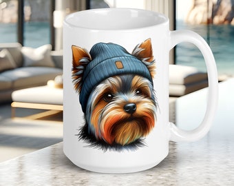 Yorkie Mug, Yorkie Wearing a Warm Blue Hat, Fun Gift for Dog Lover, Cute Dog Face on Ceramic Coffee Cup, 15 oz