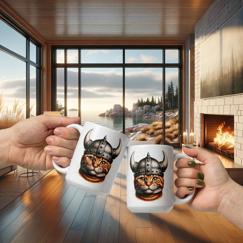 Orange Cat Mug, Orange Cat Wearing a Viking Helmet, Fun Gift for Cat Lover, Cute Cat Face on Ceramic Coffee Cup, 15 oz image 3