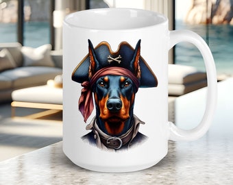 Doberman Mug, Doberman Wearing a Pirate Hat, Fun Gift for Dog Lover, Cute Dog Face on Ceramic Coffee Cup, 15 oz