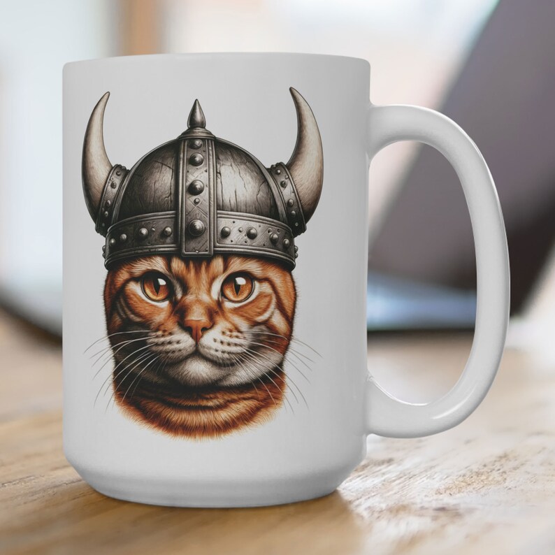 Orange Cat Mug, Orange Cat Wearing a Viking Helmet, Fun Gift for Cat Lover, Cute Cat Face on Ceramic Coffee Cup, 15 oz image 4