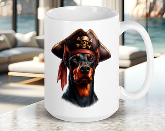 Doberman Mug, Doberman Wearing a Pirate Hat, Fun Gift for Dog Lover, Cute Dog Face on Ceramic Coffee Cup, 15 oz