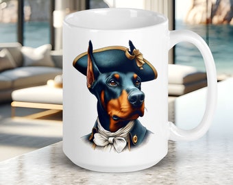 Doberman Mug, Doberman Wearing a Pirate Hat, Fun Gift for Dog Lover, Cute Dog Face on Ceramic Coffee Cup, 15 oz