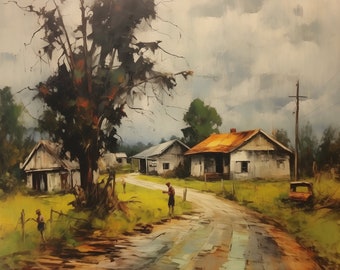 May include: A painting depicting a rural scene with a dirt road leading to a small white house with a brown roof. Trees line either side of the road and a cloudy sky is above.
