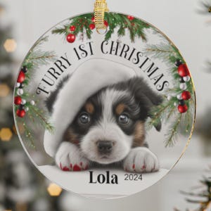 Australian Shepherd Welpe in der Weihnachtsmütze, Weihnachtsdekoration, Weihnachtsbaumschmuck, Geschenk für Hundeliebhaber, Option C