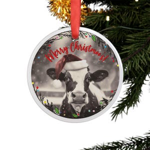 Acrylic Ornament, Christmas Cow Decoration with Red Santa&#39;s Hat, Merry Christmoo&#39;s, Holiday Tree Ornament, Farm Animal Gift, Cow Lover
