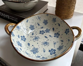 Keramik-Blumen-Nudelschale im japanischen Stil | Florale Ramenschale | Reis- und Salatschüssel