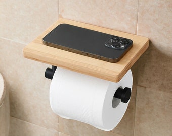 Bamboo Toilet Paper Holder | Wood Bathroom Wall Mount | Stainless Steel Handle