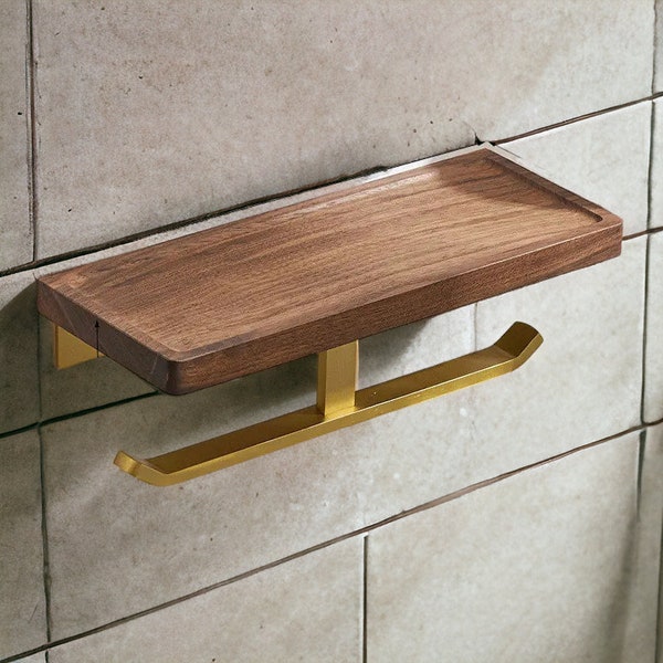Gold Double Toilet Paper Holder | Brass Toilet Paper Holder | Wood Shelf Toilet Roll Holder | Bathroom Accessories & Storage