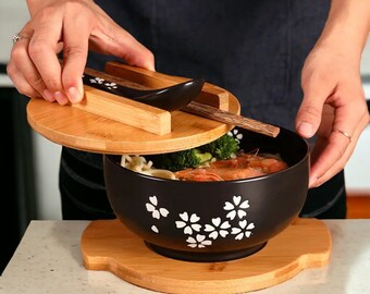 Ceramic Japanese Style Bowl With Tray | Ramen Bow, Lid, Spoon & Chopstick | Ceramic Bowl | Wood Dinnerware