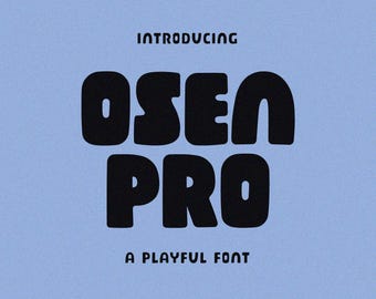 Pode incluir: Apresentação do Osen Pro, uma fonte divertida com um estilo retrô. O texto é preto sobre um fundo azul claro.
