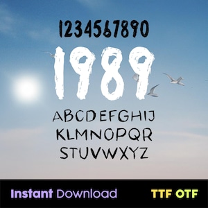 May include: A black and white font with the numbers 1234567890 and the year 1989 in a larger size. The alphabet is also included in the font. The background is a blue sky with white clouds.