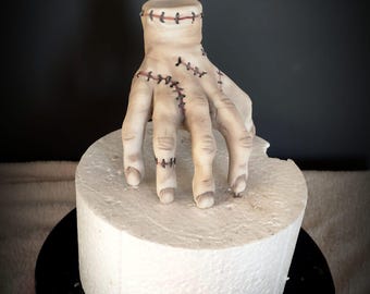 Handmade Sugar Paste Cake Topper – Addams Family Inspired Hand – Custom Halloween Decoration