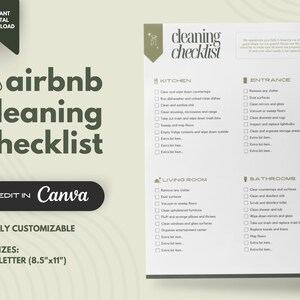 Plantilla de lista de verificación de limpieza de Airbnb - Descarga digital editable de Canva - Tamaños de carta A4 y EE. UU.