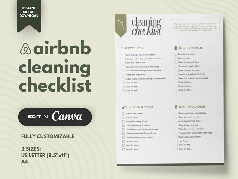 Airbnb Cleaning Checklist Template Editable Canva Digital Download A4 ...