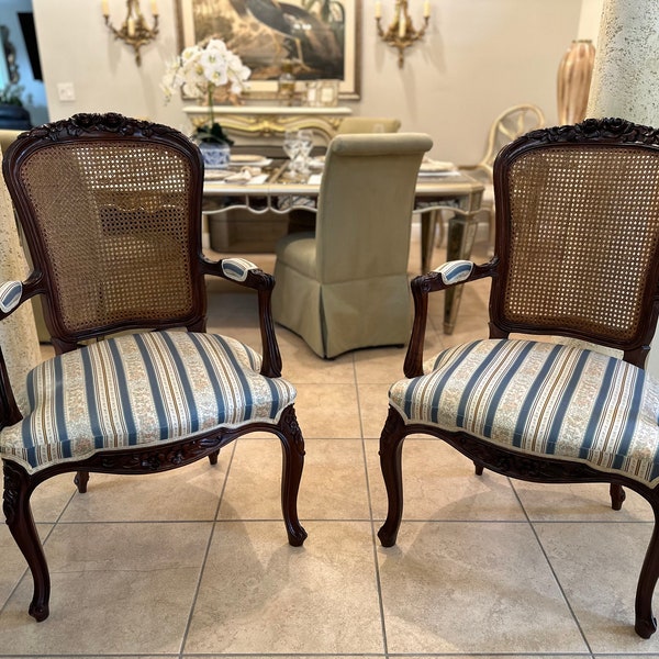 Vintage Louis XV Rococo Cane Arm Chairs