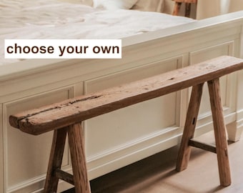 Rustic Elm Wood Long Bench: Wabi Sabi Farmhouse Decor