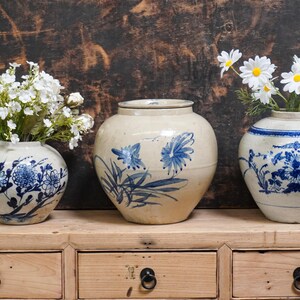 Vintage Blue and White Ceramic Pot ,Antique Style Double Handle Jar,Chinese Porcelain Vessel,Cottage Farmhouse Decor,European Style Pot
