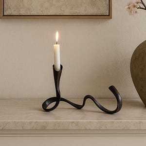 Wrought Iron Candle Holder Wavy,Minimalist Curved Black Taper Holder,Rustic Metal Decor,Artisan Gift,Wabi-Sabi Home Accent,Housewarming