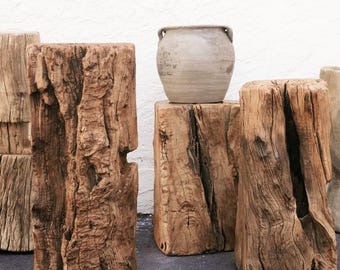 Rustic Tree Trunk Stool: Vintage Elm Wood Pedestal - Wabi Sabi Decor