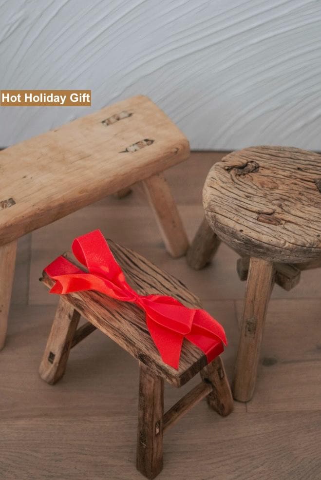 Antique Rustic Elm Wood Mini Stool,Wabisabi Vintage Stool,Farmhouse Vintage Bench,Holiday Season Gift,Small Side Table,Organic Modern Bench