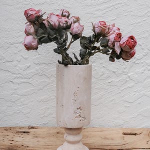 Puede incluir: Un jarr&oacute;n cil&iacute;ndrico rosa claro con base de pedestal contiene un ramo de rosas rosas secas. El jarr&oacute;n tiene un aspecto texturizado y desgastado. El arreglo se encuentra sobre una superficie de madera r&uacute;stica contra una pared blanca texturizada.