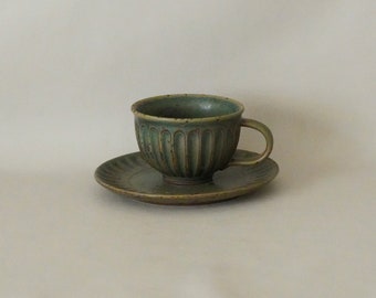 Handmade Porcelain Coffee Mug Set - 6.7 oz Vintage Style Copper Green