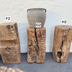 K&ouml;nnte beinhalten: Ein grauer Keramiktopf mit der Aufschrift G2 steht auf einem rechteckigen Holzblock mit der Aufschrift G2. Links befindet sich ein quadratischer Holzblock mit der Aufschrift F2, rechts ein zylindrischer Holzstammhocker mit der Aufschrift H2.