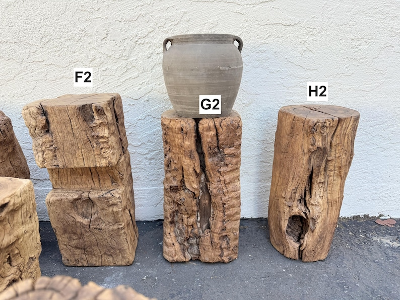 K&ouml;nnte beinhalten: Ein grauer Keramiktopf mit der Aufschrift G2 steht auf einem rechteckigen Holzblock mit der Aufschrift G2. Links befindet sich ein quadratischer Holzblock mit der Aufschrift F2, rechts ein zylindrischer Holzstammhocker mit der Aufschrift H2.