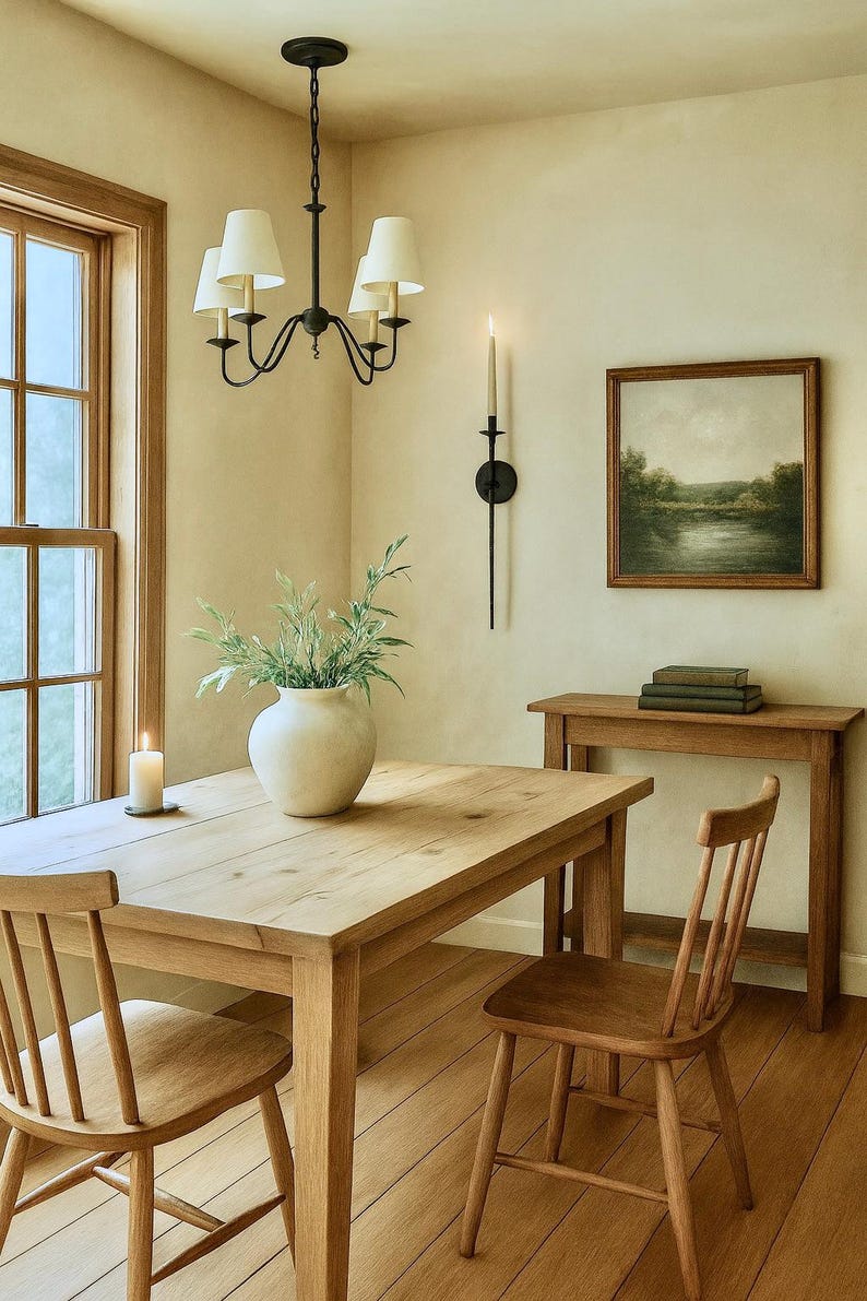 May include: A dining room scene featuring a wooden table and chairs, a chandelier, and a framed landscape painting. A large white vase holds greenery. The room has a warm, inviting atmosphere with soft lighting.