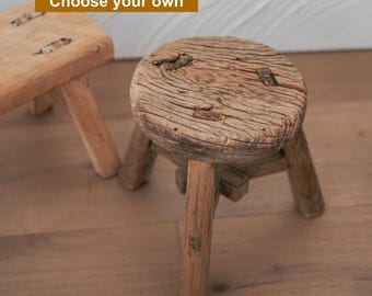 Rustic Elm Wood Mini Stool: Wabi Sabi Farmhouse Bench