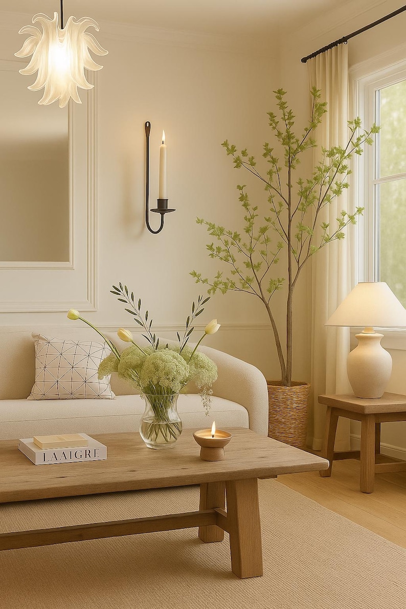 May include: A cozy living room scene with a light-colored sofa, wooden coffee table, and a vase of flowers. A lit candle and a book are on the table. A decorative light fixture hangs from the ceiling, and a tree is in the background.