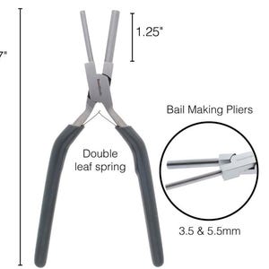 May include: Bail making pliers with a double leaf spring. The pliers are 7 inches long and have a 1.25 inch jaw opening. The pliers are designed to make bails for jewelry making, with two different sizes: 3.5 mm and 5.5 mm.