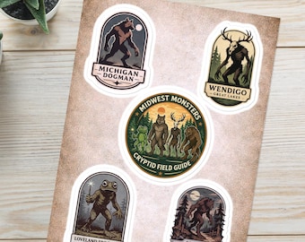 Midwest Cryptid Sticker Sheet | Dogman, Wendigo, Frogman, Beast Field Guide Stickers